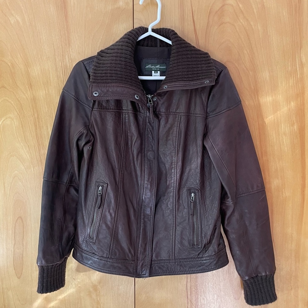 Eddie Bauer Brown Leather and Knit Leather Moto Jacket